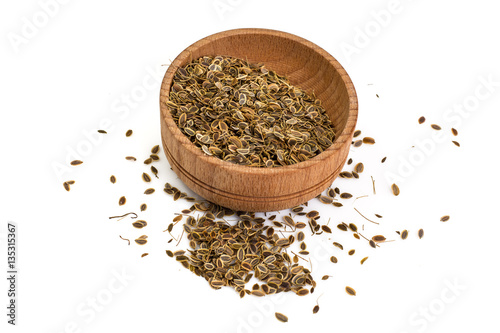 Fragrant fennel seeds on white background