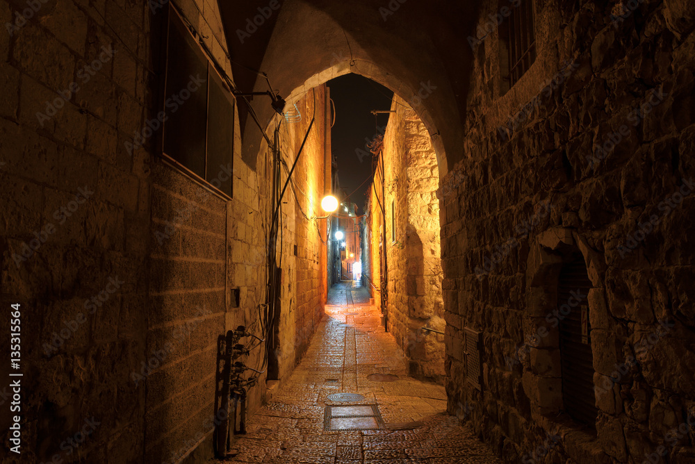 Night street in the old city of Jerusalem, Israel.