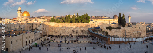 Panoramic view of Temple Mount in the old city of Jerusalem at sunset, Israel.