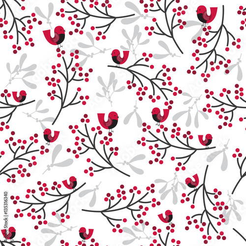 Seamless christmas background with berry and robin design