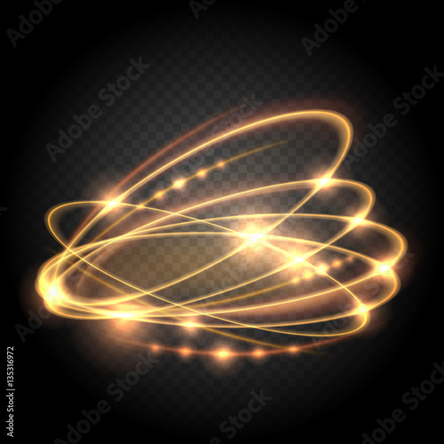 Swirl lighted lines abstract effects. Vector gold circle light glitz effect on transparent background