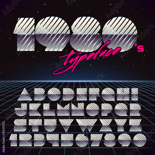 Shiny Chrome Retro Futuristic Font. Stylish Retro Synth Wave Alphabet in 80s style. Vector font on laser grid background