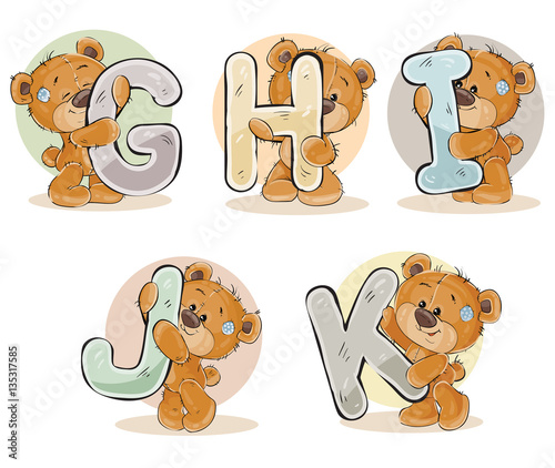 Set vector letters of the English alphabet with funny teddy bear