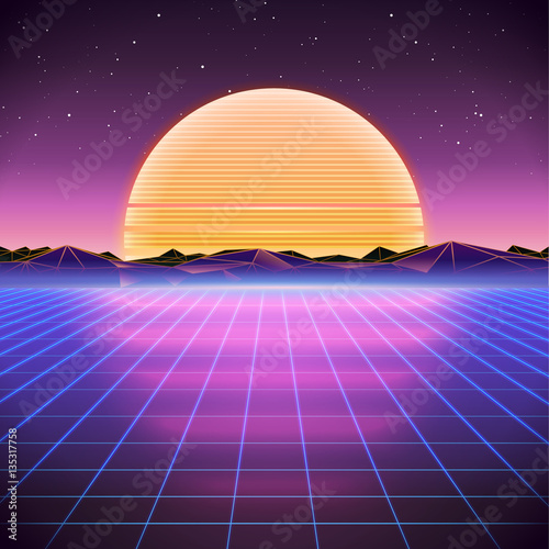 80s Retro Sci-Fi Background with Sunset. Vector retro futuristic synth retro wave illustration in 1980s posters style