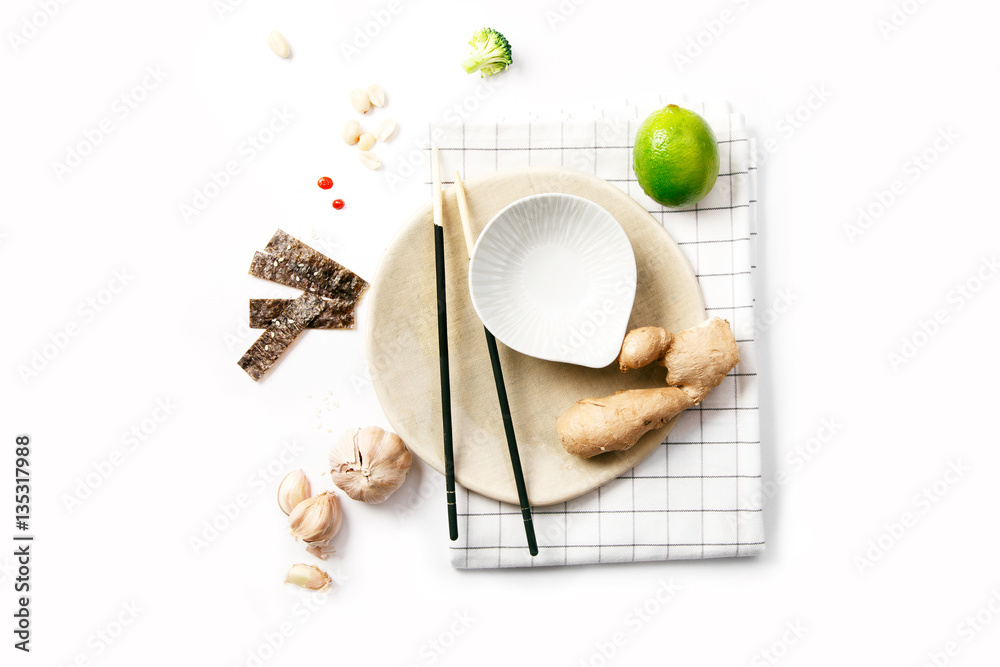 Fototapeta premium Asian food ingredients on white background with copy space