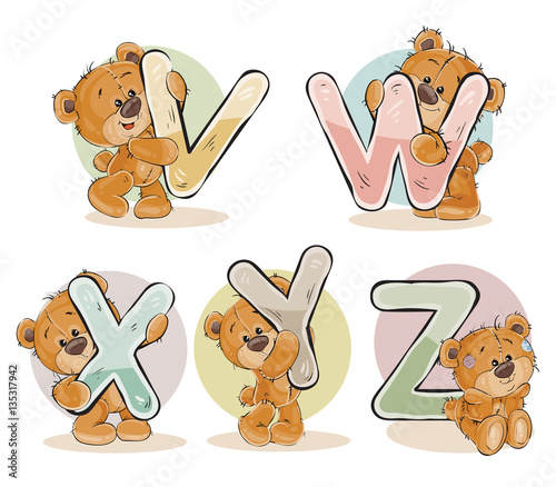 Set vector letters of the English alphabet with funny teddy bear