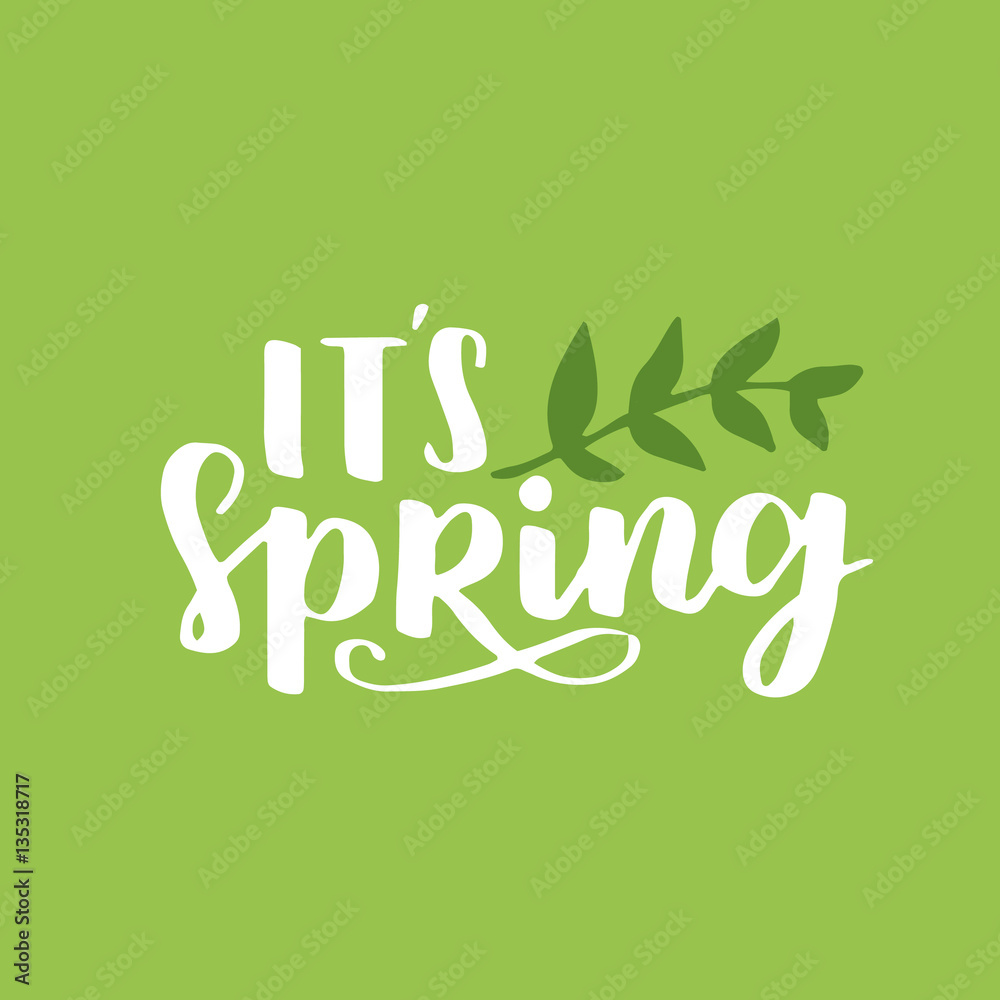 Vector seasonal greeting card of hand-written spring brush lettering. Spring collection white ink and green floral elements on green background. Trendy greenery color of spring 2017. Vector seasonal greeting card of hand-written spring brush lettering. Spring collection white ink and green floral elements on green background. Trendy greenery color of spring 2017.