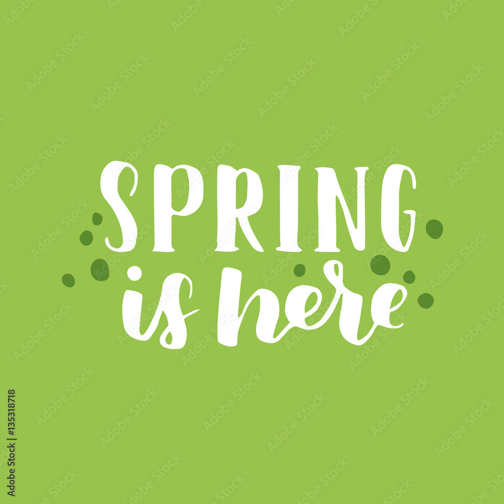 Vector seasonal greeting card of hand-written spring brush lettering. Spring collection white ink and green floral elements on green background. Trendy greenery color of spring 2017. Vector seasonal greeting card of hand-written spring brush lettering. Spring collection white ink and green floral elements on green background. Trendy greenery color of spring 2017.