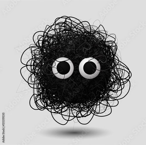 Cute vector furry ball with googly eyes. Funny monster with black fluffy hair.