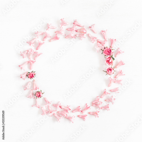 Flowers composition. Frame made of pink flowers. Valentine's Day. Flat lay, top view
