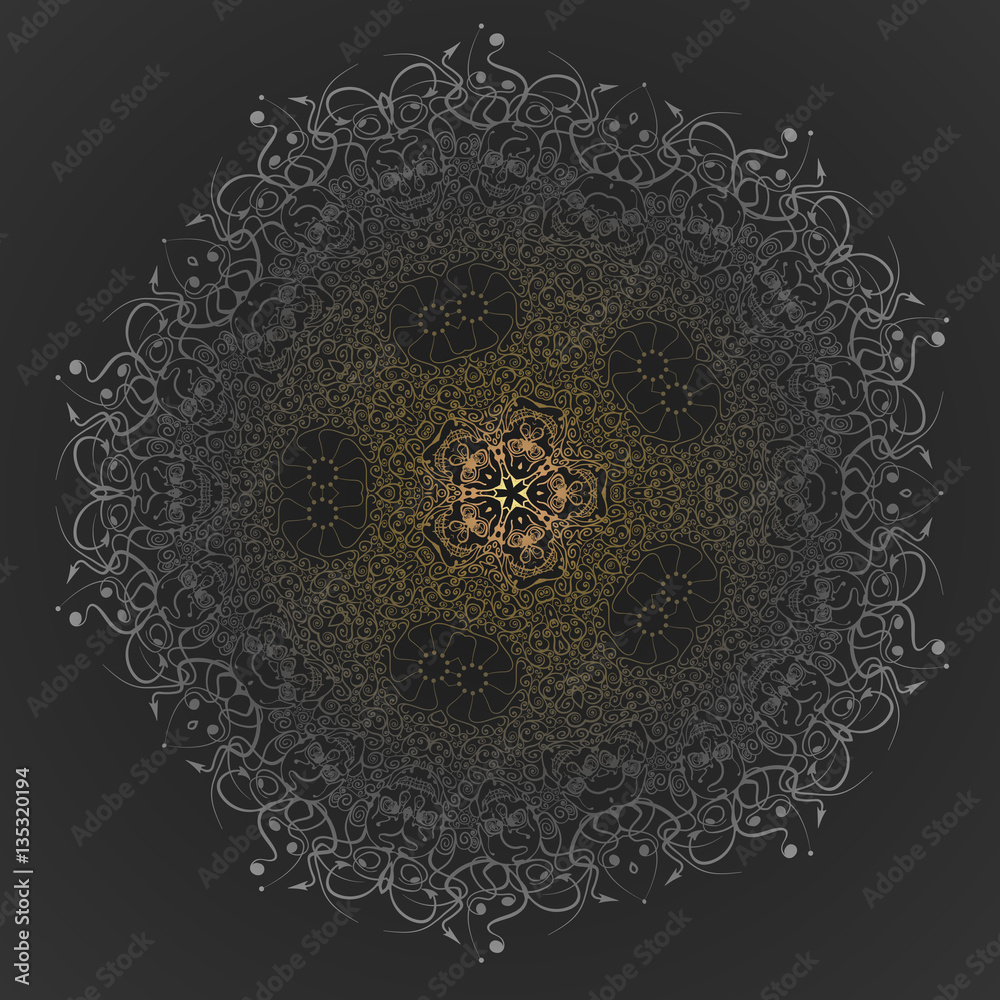 Naklejka premium Psychedelic Skull Mandala Black and White Vector Illustration. Bandana. Symmetrical round pattern