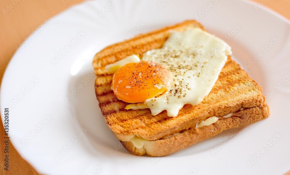 Ham and cheese toast with fried egg on top. Ham and cheese toast with fried egg on top.