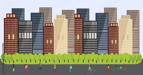 People walk in a park not far from the Blocks. A residential area with a park