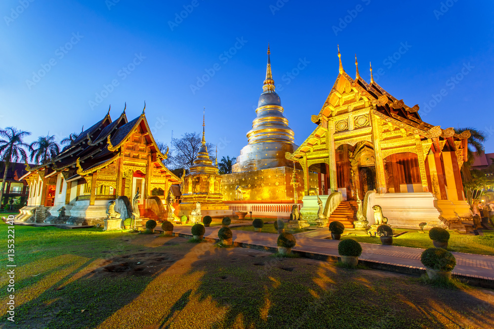 Naklejka premium Thailand landmark, Wat Phra Singh is located in the western part of the old city center of Chiang Mai, Thailand