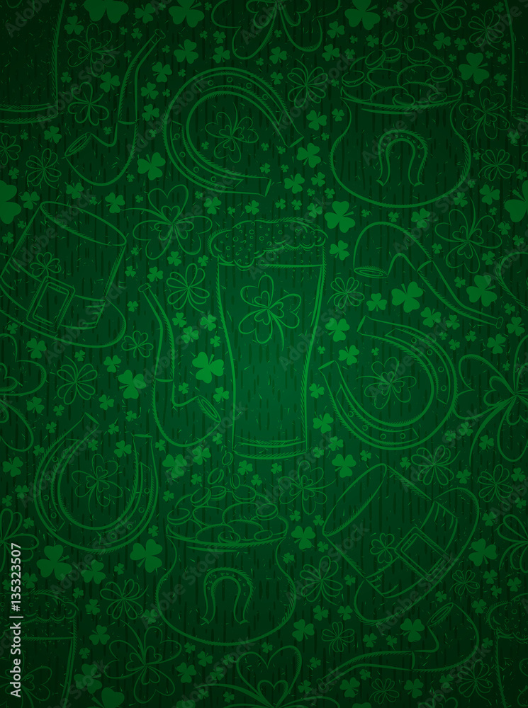 Green  background for Patricks day with beer mug, horseshoe, hat, vector, poster