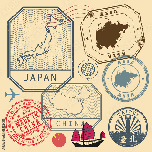 Travel stamps set with text Asia, Japan, China, Made in China