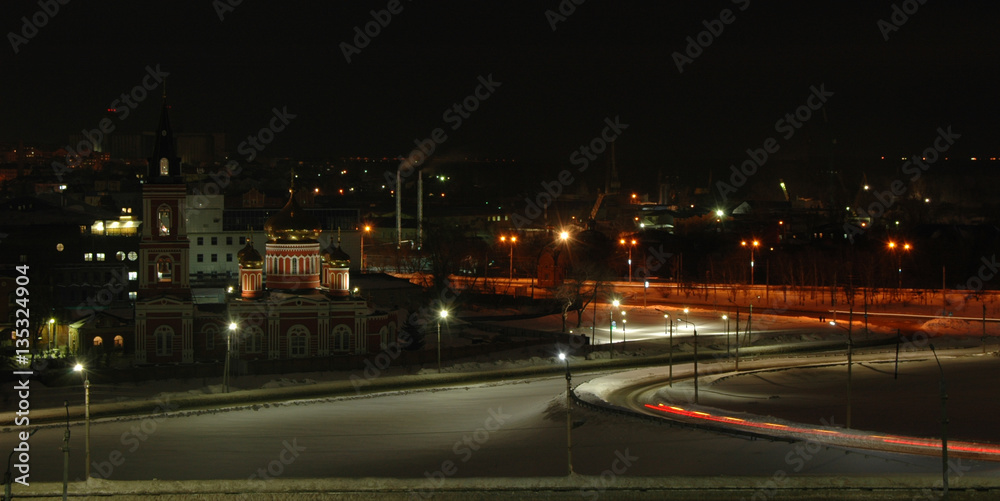 Знаменский храм, ночной городской зимний пейзаж, Барнаул