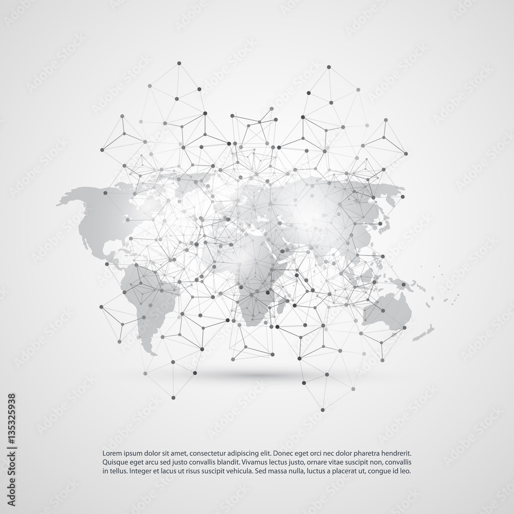 Fototapeta premium Abstract Cloud Computing and Network Connections Concept Design with Transparent Geometric Mesh and World Map - Illustration in Editable Vector Format
