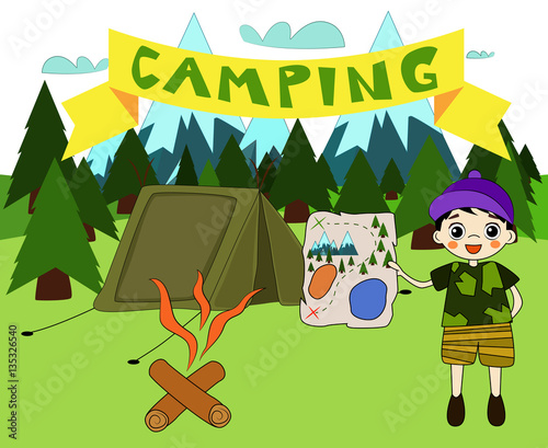 Adventurer boy standing next to the tent with a map.