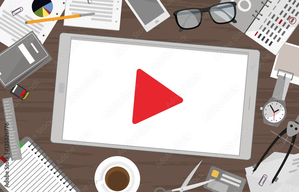 Naklejka premium Video Marketing - Tablett mit Play Zeichen