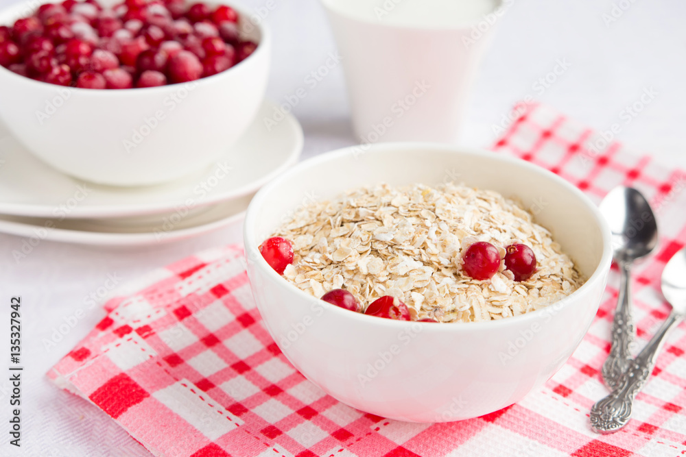 Rolled oats, porridge and cranberries for a healthy breakfast in a rustic style Rolled oats, porridge and cranberries for a healthy breakfast in a rustic style
