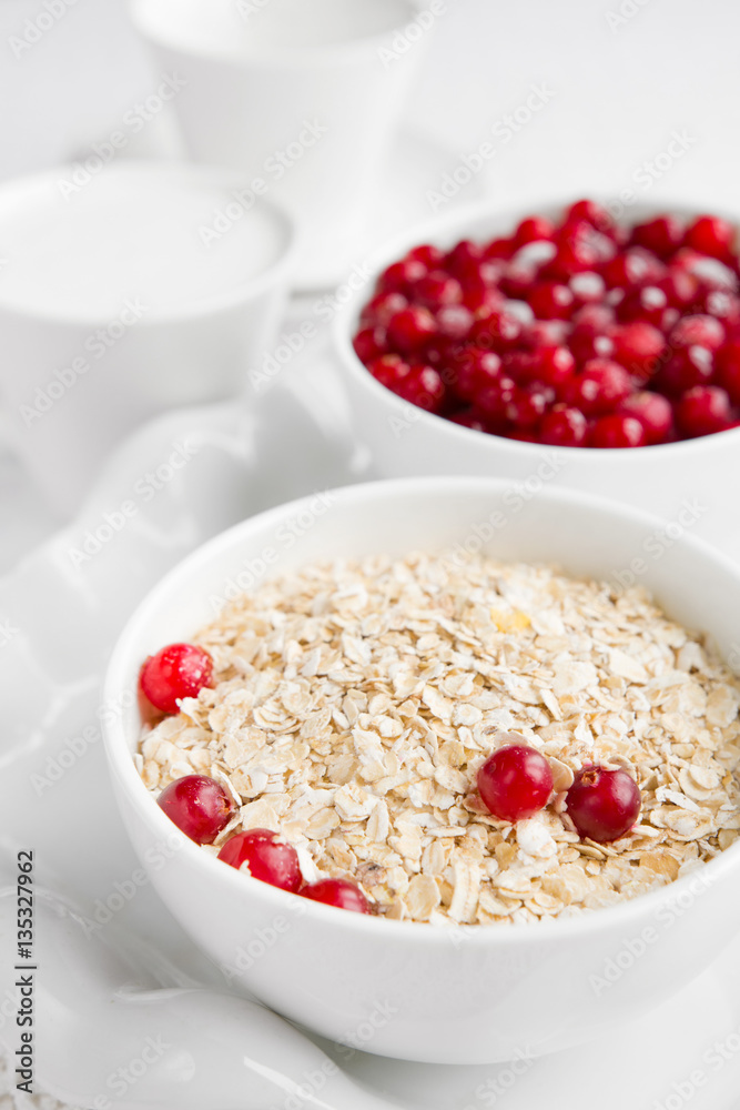 Rolled oats, porridge and cranberries for a healthy breakfast in a rustic style Rolled oats, porridge and cranberries for a healthy breakfast in a rustic style