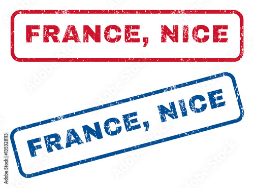 France, Nice text rubber seal stamp watermarks. Vector style is blue and red ink tag inside rounded rectangular shape. Grunge design and dirty texture. Blue and red signs.