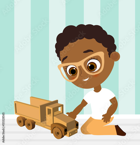African American boy with glasses and toy car. Boy playing car. Vector illustration eps 10 isolated on white background. Flat cartoon style.