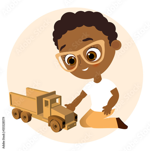 African American boy with glasses and toy car. Boy playing car. Vector illustration eps 10 isolated on white background. Flat cartoon style.