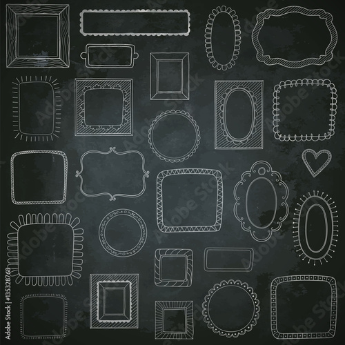 Vector set of cute vintage photo frames on chalk board background. Hand drawn doodle style for decoration.