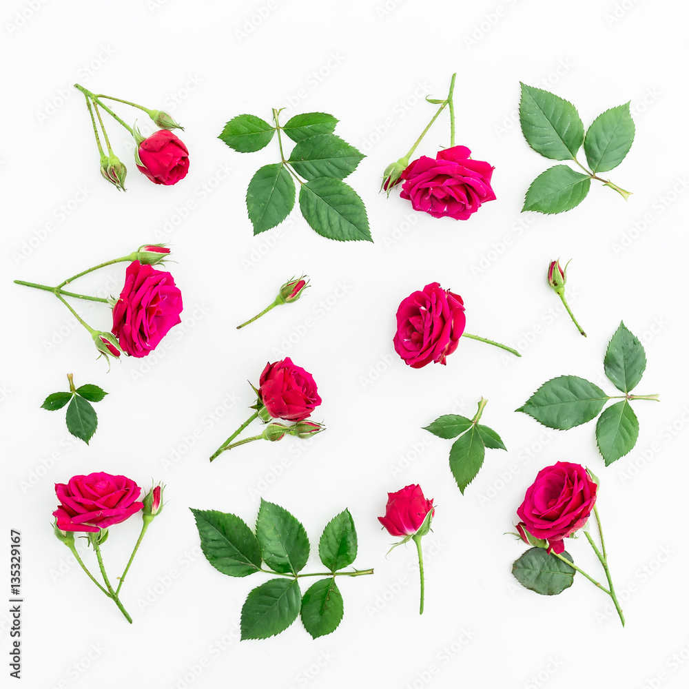 Floral pattern with roses on white background. Flat lay, top view. Valentine's background