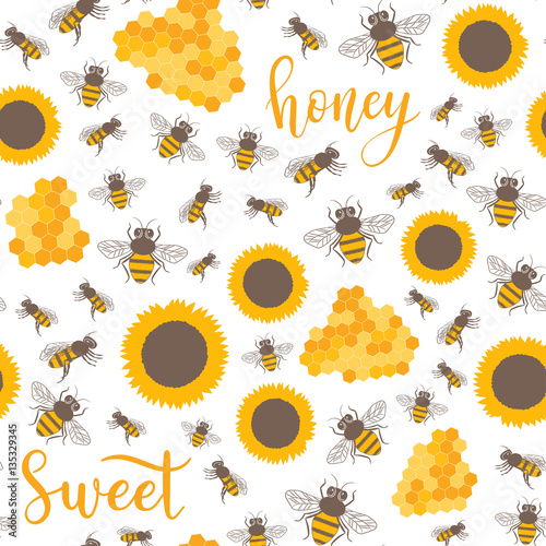 Vector seamless pattern with sunflowers, bees, honey sweet text. Sweet honey background for beekeeping products.