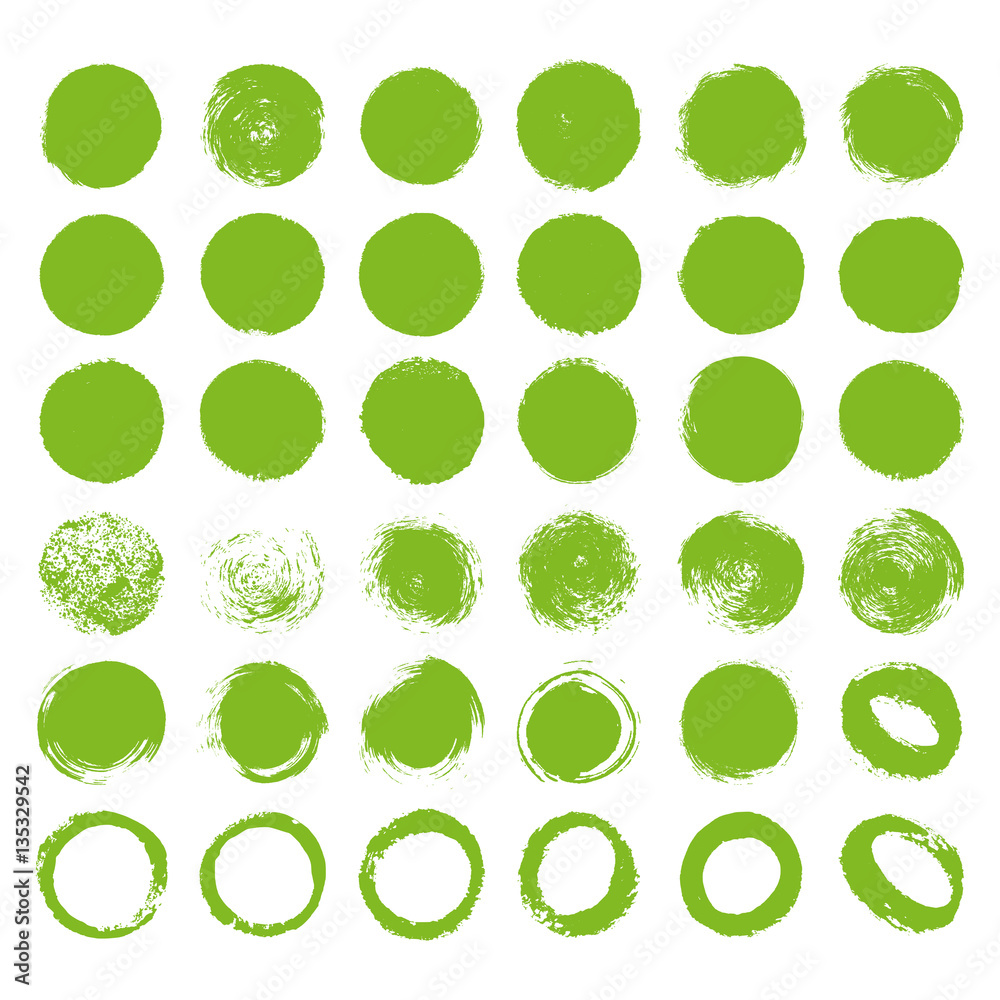 Hand drawn abstract green paint brush circle labels and shapes on white background. Vector natural painted stains set collection.