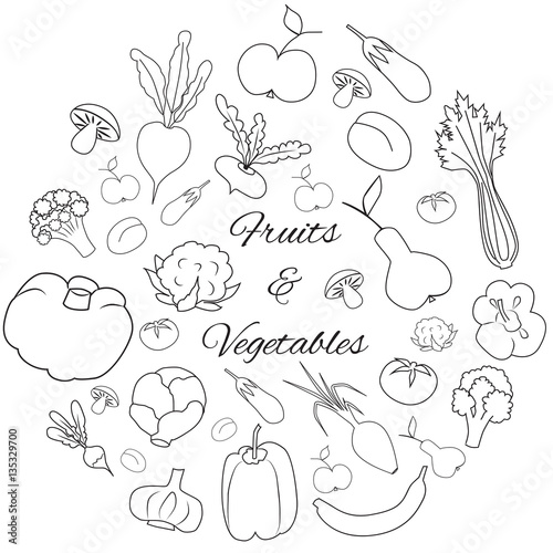 Hand drawn round vector set with fruits and vegetables