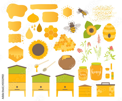 Honey vector set with bee, honeycomb, hive, honey, drip, bee pollen,beeswax candles and sunflower. Beekeeping products.