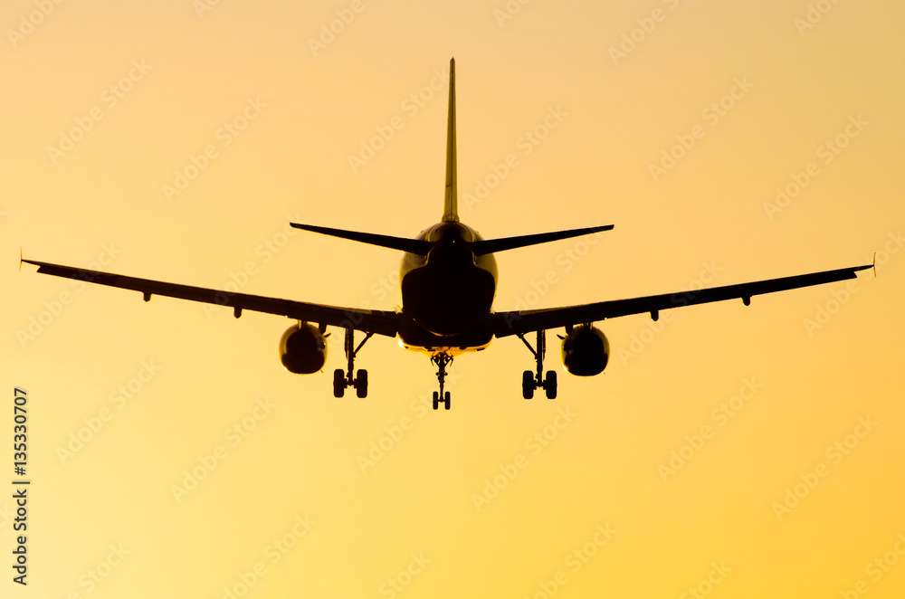 Airplane silhouette at sunset sky sunrise Airport Airplane silhouette at sunset sky sunrise Airport