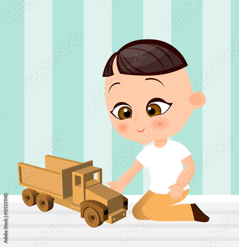 Japanese boy with toy car. Boy playing car. Vector illustration eps 10 isolated on white background. Flat cartoon style.
