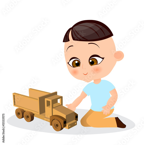 Japanese boy with toy car. Boy playing car. Vector illustration eps 10 isolated on white background. Flat cartoon style.