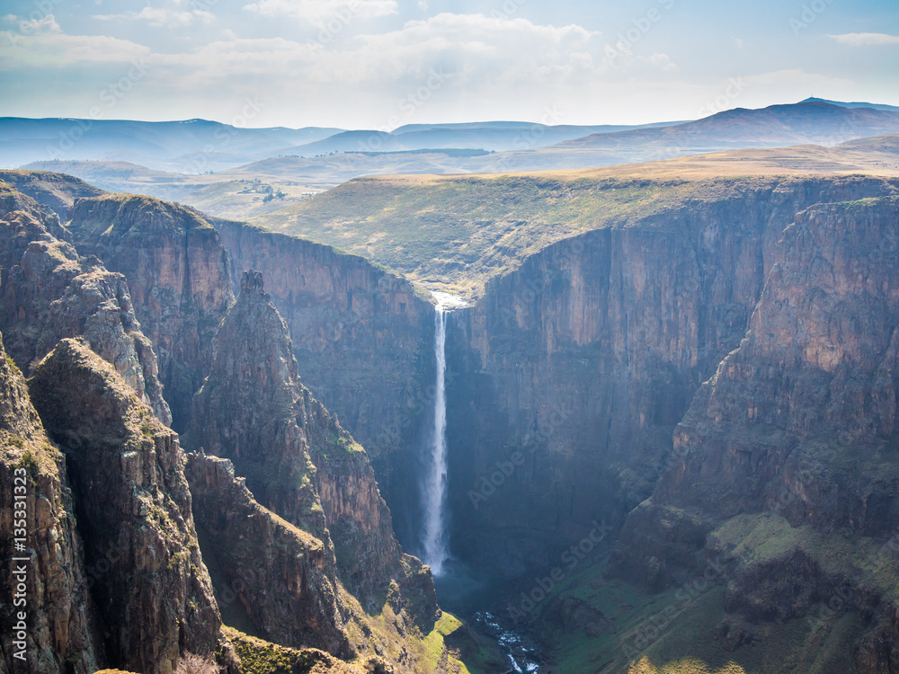 The Maletsunyane Falls and large canyon in the mountainous highlands near Semonkong, Lesotho, Africa.