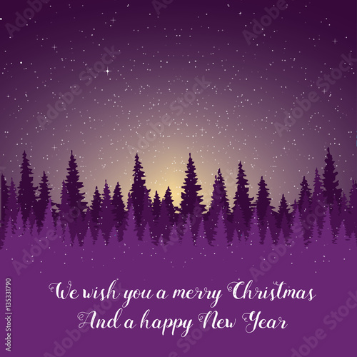 Winter night. Christmas card with a silhouette of the forest and the starry sky.