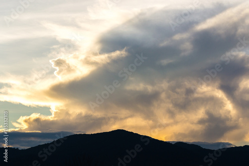silhouette shot image of mountain and sunset sky in background.