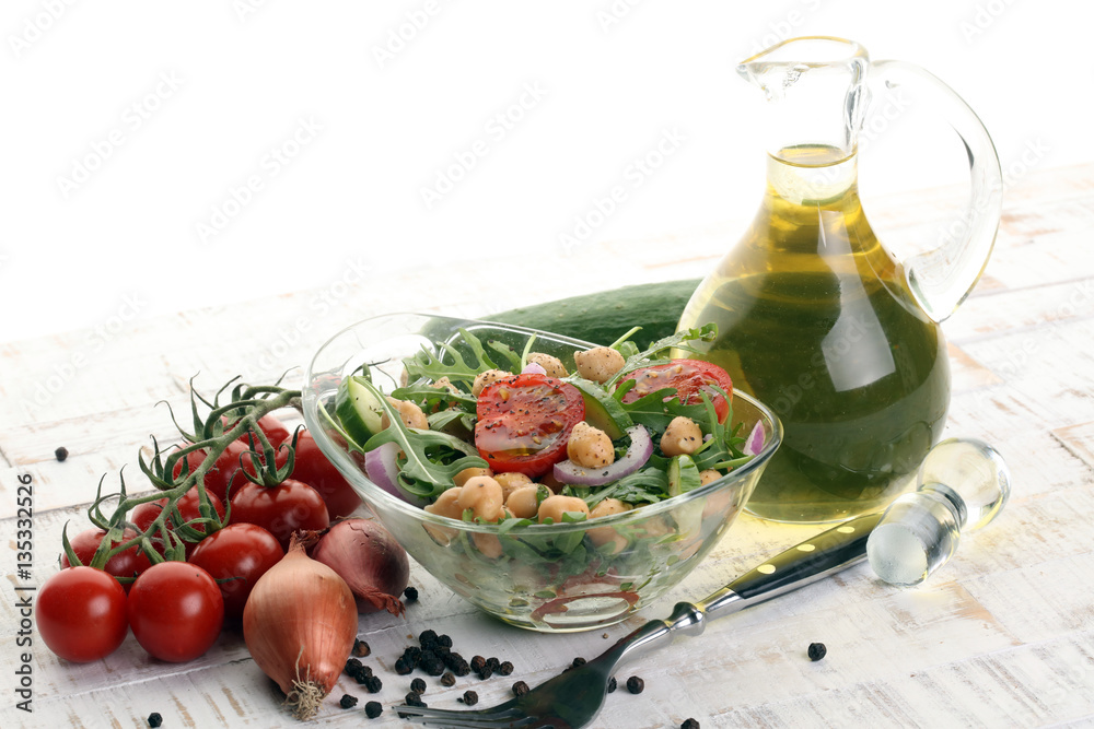 Healthy homemade chickpea and veggies salad, arugula, diet, vege Healthy homemade chickpea and veggies salad, arugula, diet, vege