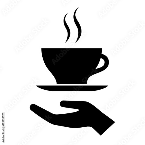 Cup of coffee or tea icon. Hot beverage mug on saucer and smoke. Vector Illustration