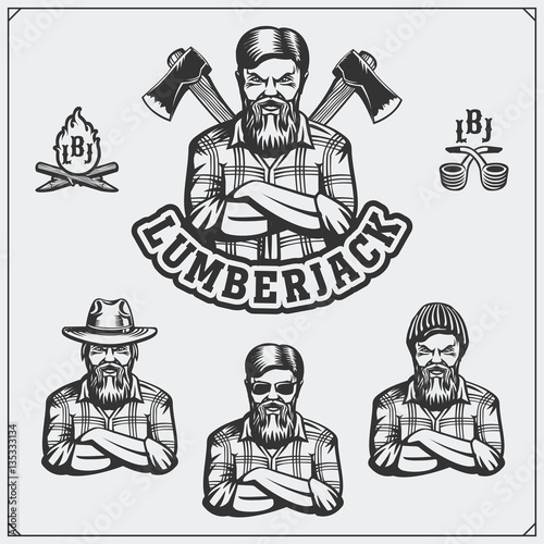 Set of Lumberjack labels, emblems, badges and design elements. Vintage style.