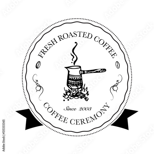 Hand drawn logo for cafe, coffee outlet or coffee company with Turkish coffee pot. Vector Illustration