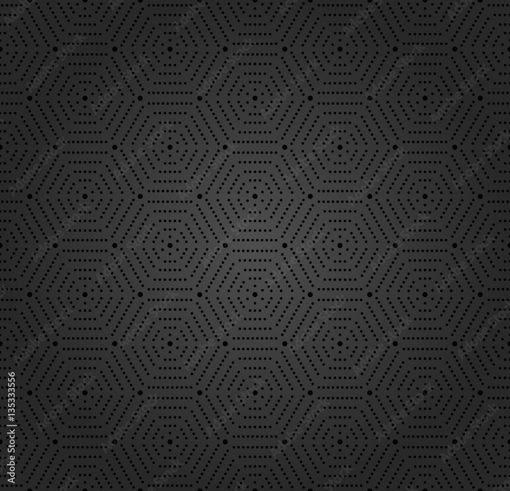 Geometric repeating dark ornament with hexagonal dotted elements. Seamless abstract modern pattern