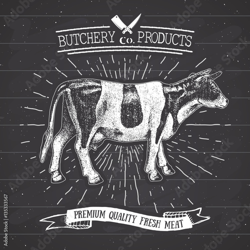 Butcher Shop vintage emblem beef meat products, butchery Logo template retro style. Vintage Design for Logotype, Label, Badge and brand design. vector illustration on chalkboard