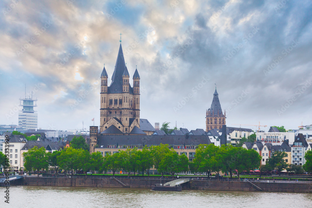 Great st. Martin church in Cologne, Germany. Panoramic view from the opposite bank of the Rhine