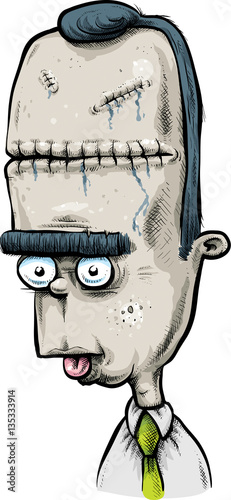 A cartoon man with stitched scars on his head from a lobotomy that has left him in a vegetative state.