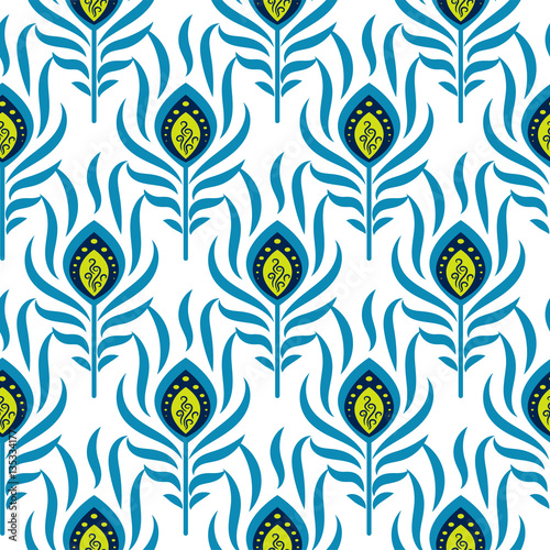 Peacock blue and green seamless vector pattern. Peafowl bird feathers tileable print for textile or wrap paper.